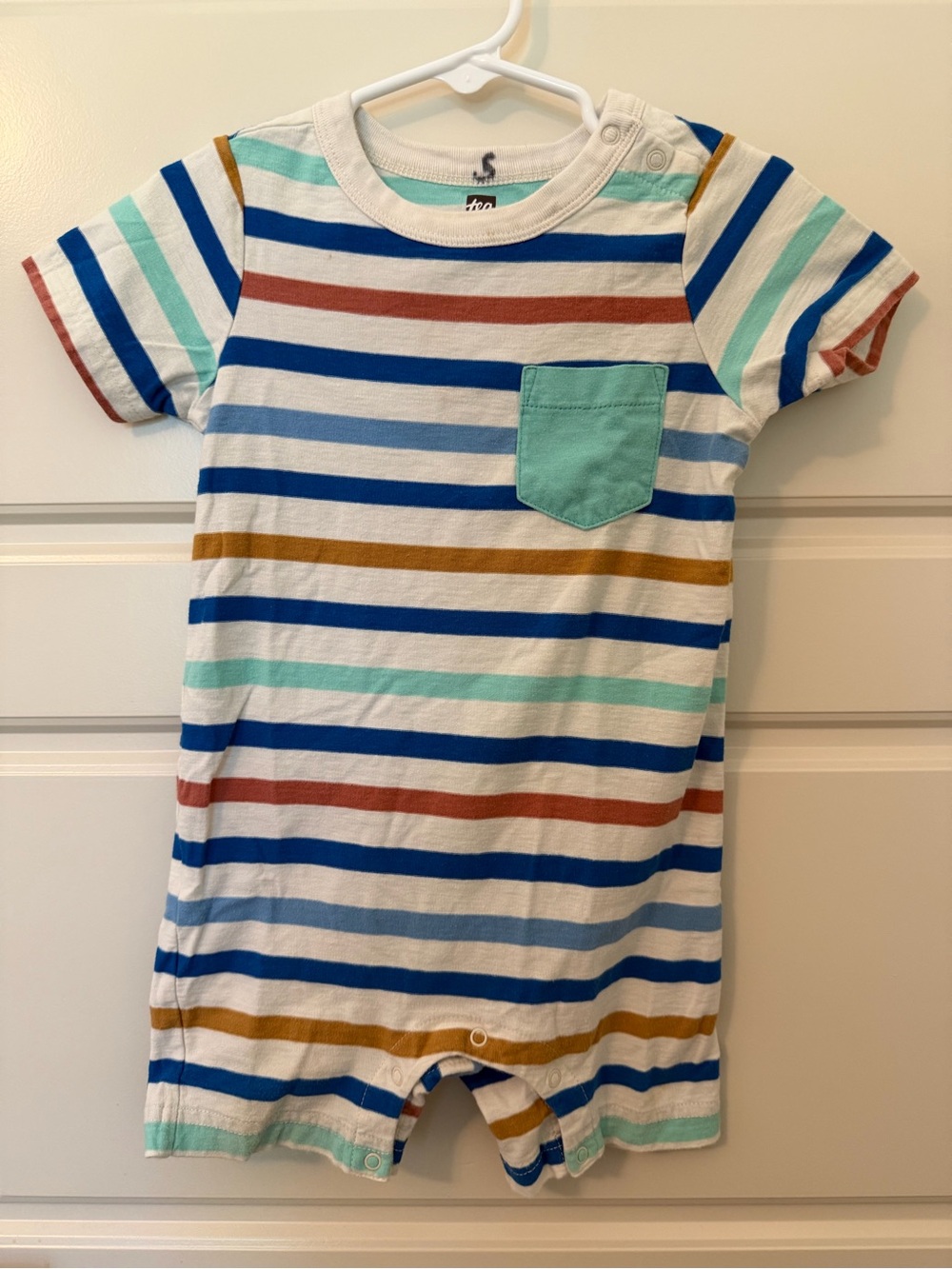 Tea Collection Blue, Teal and White Striped Baby Romper
